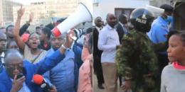 A collage of the scene outside a textile company in Athi-River.